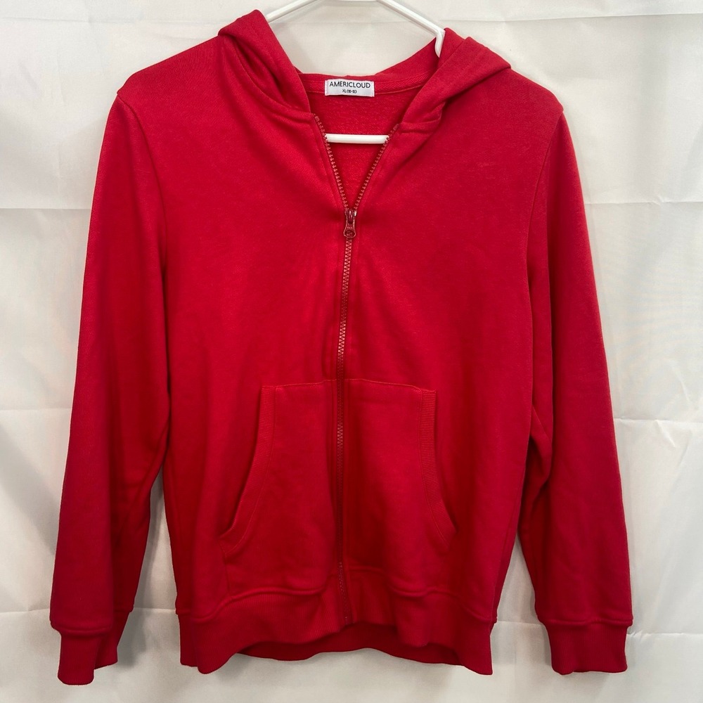 Americloud youth solid‎ red fleece lined hooded full zip casual sweatshirt XL